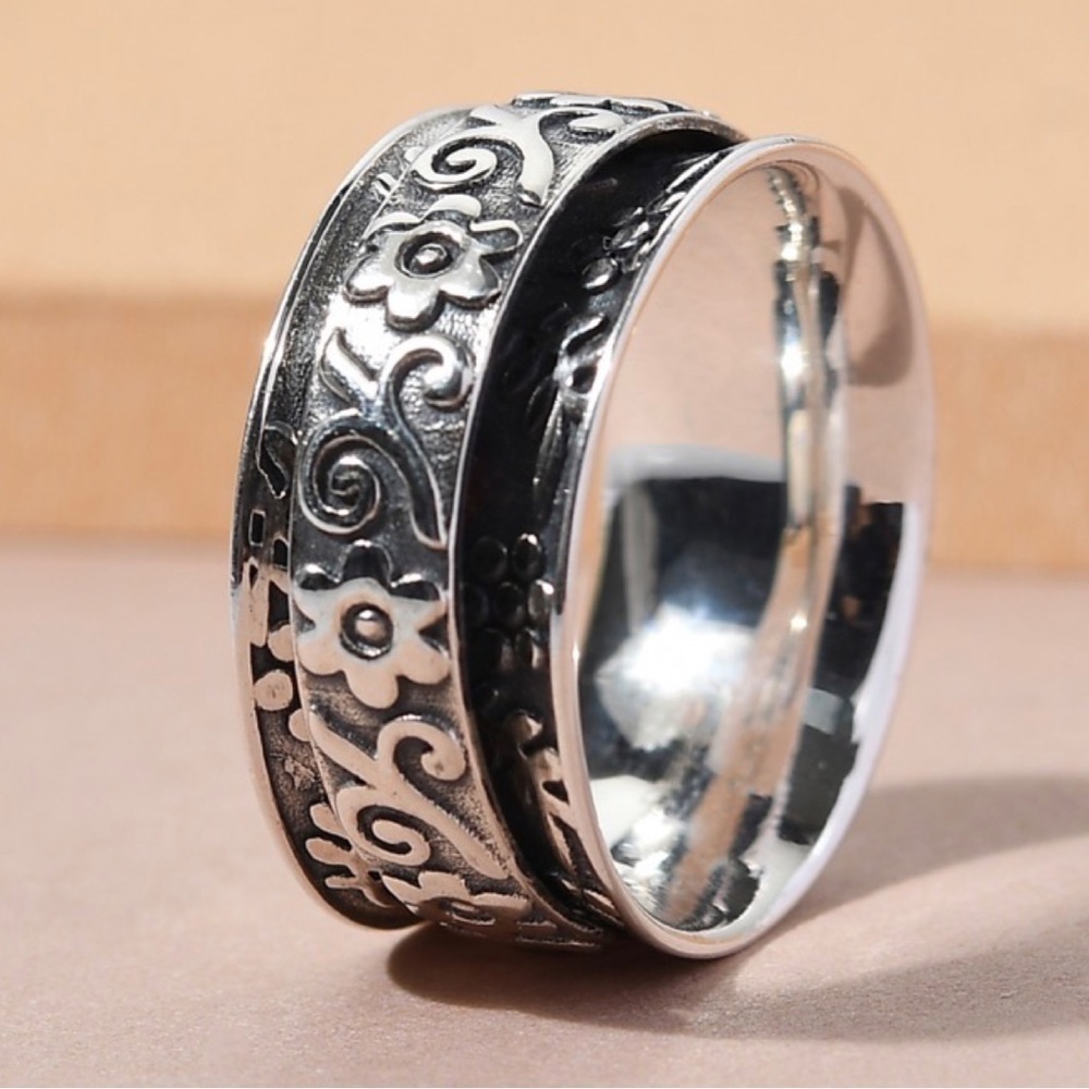 Sterling Silver 925 Floral Spinner Ring, Anxiety Ring for Women